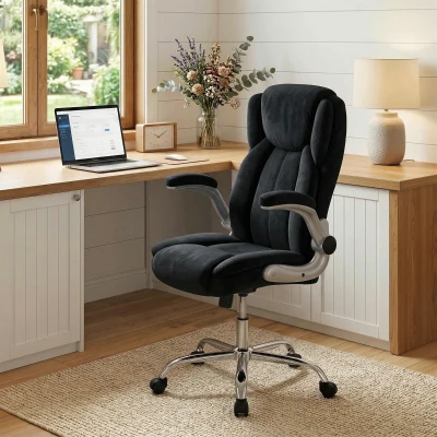 HOMCOM Cadeira de Escritório Apoios de Braços Rebatíveis Altura Ajustável Função Basculante e Estofada em Veludo 68x69x118 cm Preto