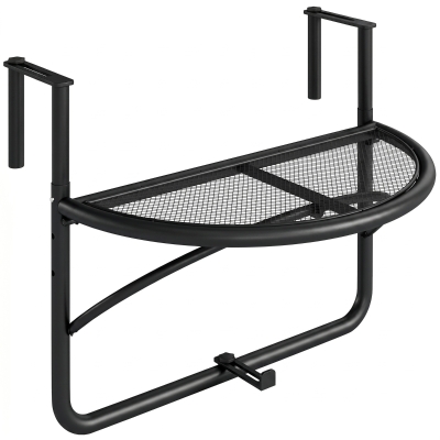 Outsunny Outdoor Folding Hanging Table, Metal Frame Semi-Circular Attachable Balcony Hanging Coffee Table with Height Adjustable, Black