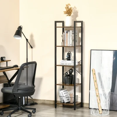 HOMCOM Industrial Style Bookcase H154 cm 5 Shelves Black Steel Particleboard Aged Wood Look
