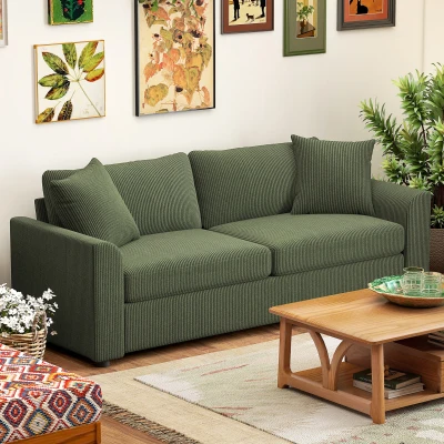 HOMCOM Sofá de 3 Plazas Tapizado en Pana con 2 Almohadas Reposabrazos y Cojín de Muelles 212x80x88 cm Verde