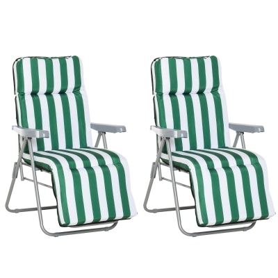 Outsunny 2 Pieces Garden Patio Furniture Set of 2, Outdoor Foldable Sun Recliners Loungers with Multi Position Relaxers Chairs and Cushions (Green White)