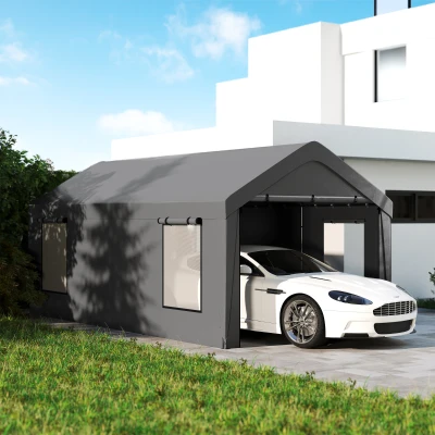 Outsunny Carport tente de garage 3 x 6 m avec parois latérales amovibles, 2 portes enroulables et 4 fenêtres, gris foncé