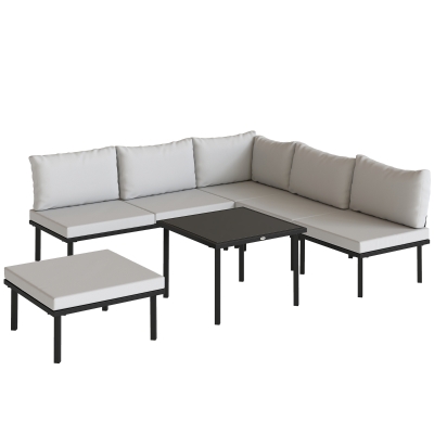 Outsunny Conjunto de Jardim Exterior de 6 Peças com Sofá de 2 Lugares, Módulo de Canto, 2 Assentos, Apoio para Pés e Mesa de Vidro, Cinzento Claro