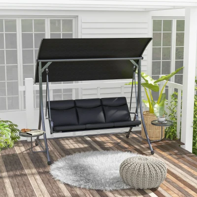 Outsunny Hollywoodschommel, 3-Zits Tuinschommel met Verstelbaar Zonnedak, 278 x 125 x 177 cm, Zwart