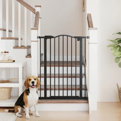 PawHut Barrera de Seguridad para Perros 74-80 cm con 2 Extensiones Montaje a Presión Doble Bloqueo para Puerta Escalera Negro