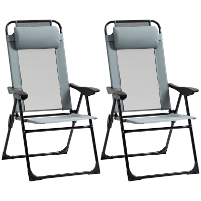 Outsunny Set of 2 Portable Folding Recliners Metal Outdoor Patio Chaise Lounge Chairs with Adjustable Backrest, Grey