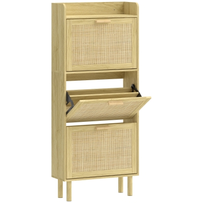 HOMCOM Mueble Zapatero con 3 Cajones Abatibles y Estante Abierto para12-18 Pares de Zapatos 65x24,5x153 cm Roble