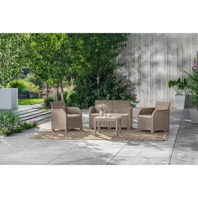 Salon de jardin - en résine imitation rotin tressé - Allibert by KETER - 4 personnes - SanRemo - Cappuccino