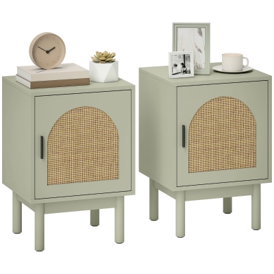 HOMCOM Set of 2 Rattan Nightstands with Storage Light Green