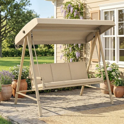 Outsunny 3-Seat Garden Swing Chair Adjustable Canopy Beige