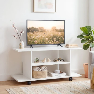 HOMCOM Mobile TV con Ripiani, Ruote e Freni Bianco