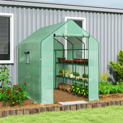 Outsunny Walk-in Greenhouse with 3 Tier Shelves, Outdoor Green House Garden Grow House with Reinforced PE Cover, Roll-up Door and Mesh Windows, 140 x 213 x 190cm, Green