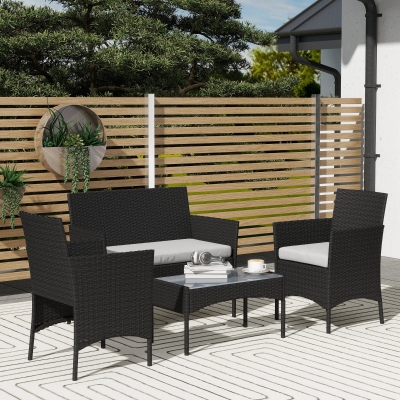 Outsunny 4pc Rattan Sofa Set with Table & Cushions, Black