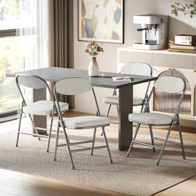 HOMCOM Folding Corduroy Seat Chairs Set of 4 Off-White