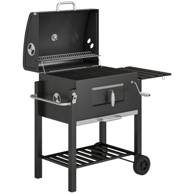 Outsunny Barbecue a Carvão com Rodas Tampa Grelhas de Aço Inoxidável Termômetro Bandeja Lateral e Prateleira 113x65x108 cm Preto