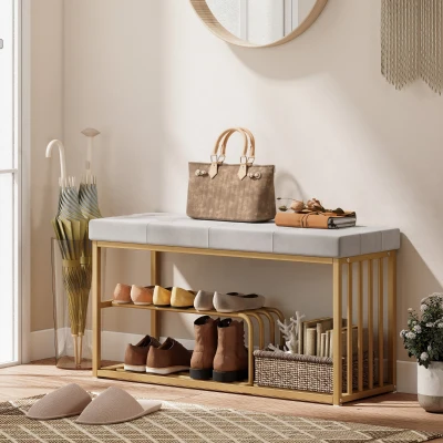 HOMCOM Tufted Shoe Storage Bench Velvet Seat Grey