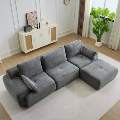 Modernes Sofa aus komprimiertem Memory-Schaumstoff, große Sofagarnitur für das Wohnzimmer, haustierfreundliches modulares Sofagarnitur Cloud, Cordstoff, kein Zusammenbau erforderlich, GRAU