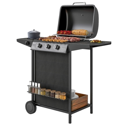 Outsunny Barbecue Gaz 3+1 Brûleurs Acier Noir Jardin 108x54x97 cm
