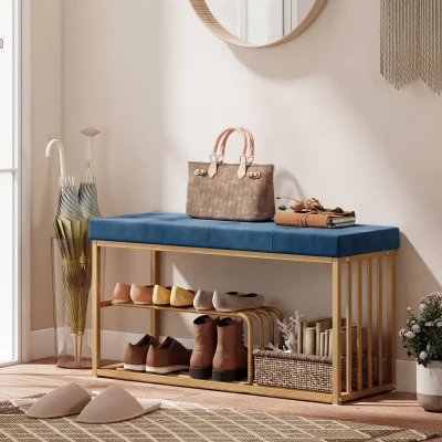 HOMCOM Tufted Shoe Storage Bench Velvet Seat Gold Dark Blue