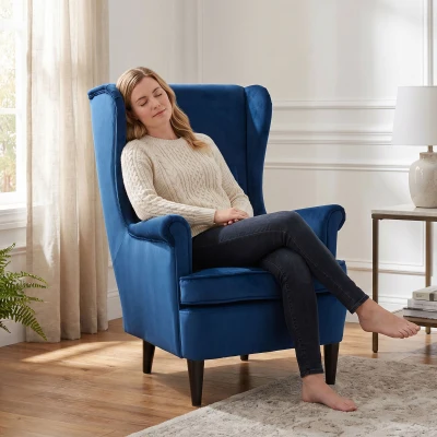 HOMCOM Modern Accent Chair Velvet Wood Legs High Back Blue