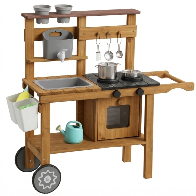 AIYAPLAY Wooden Mud Kitchen with Wheels & Stove Brown
