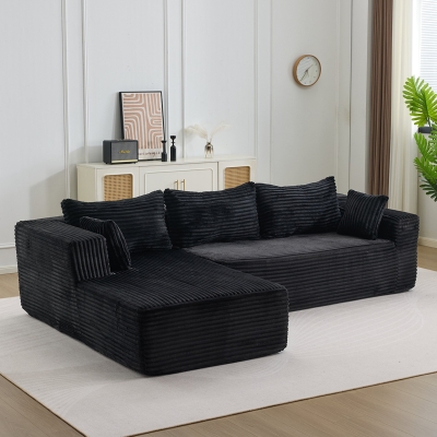 Kompressions-Sofagarnitur mit bequemer Chaiselongue, knochenloses L-förmiges Sofa mit tiefem Sitz, minimalistische modulare Sofas zum Schlafen für Wohnzimmer, Schlafzimmer, Apartment, Lounge, Cord, Schwarz