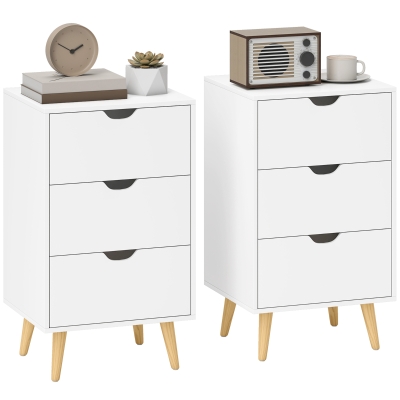 HOMCOM Set of 2 Nightstands 3-Drawer Wood Legs White