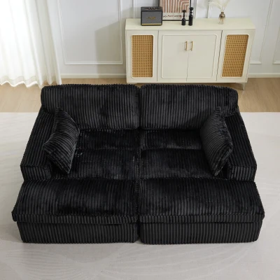 Doppelter Chaiselongue-Sessel für den Innenbereich, übergroße gepolsterte Cloud-Schlafcouch, luxuriöses Schlafsofa mit tiefem Sitz, geteiltes Chaiselongue-Sofa, Lesesessel aus Cord für das Wohnzimmer, kein Zusammenbau erforderlich, schwarz