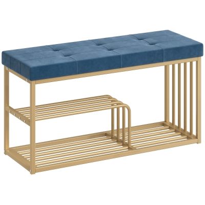 HOMCOM Tufted Shoe Storage Bench Velvet Seat Gold Dark Blue