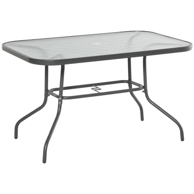 Outsunny Outdoor Garden Dining Table with Glass Top, Metal Frame Table with Parasol Hole for Backyard, Balcony, 120L x 80Wcm, Grey