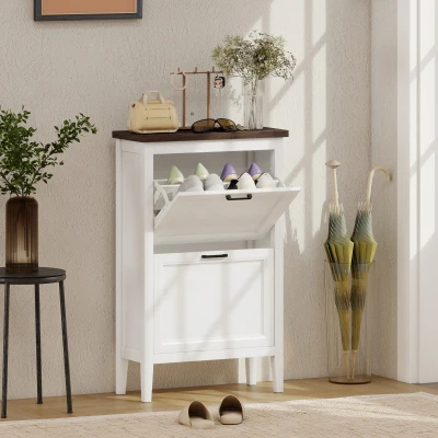 HOMCOM Shoe Cabinet 2 Flip Drawers Adjustable Shelves White