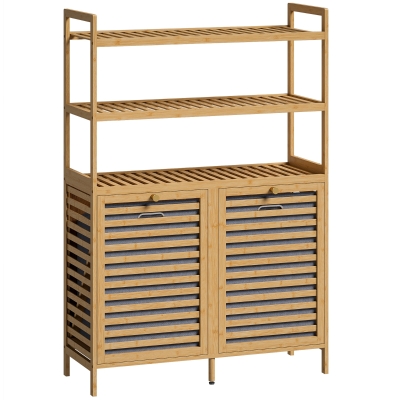 HOMCOM Estantería de Baño de Bambú con 2 Cestos para Ropa Sucia Inclinables 38,7 L y 3 Estantes 80x30x118 cm Roble