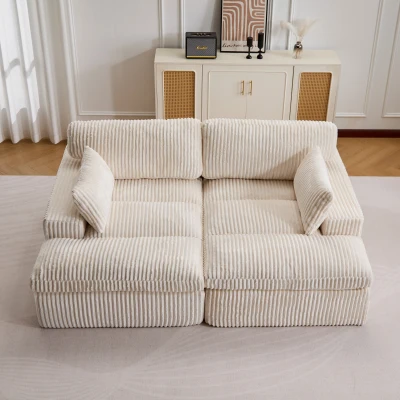 Doppelter Chaiselongue-Sessel für den Innenbereich, übergroße gepolsterte Cloud-Schlafcouch, luxuriöses Schlafsofa mit tiefem Sitz, Sofa-Chaiselongue mit Anbausofa, Lesesessel aus Cord für das Wohnzimmer, kein Zusammenbau erforderlich, weiß