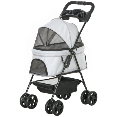 PawHut Poussette Chien 4 Roues Frein Panier Capote 67x45x96cm Gris