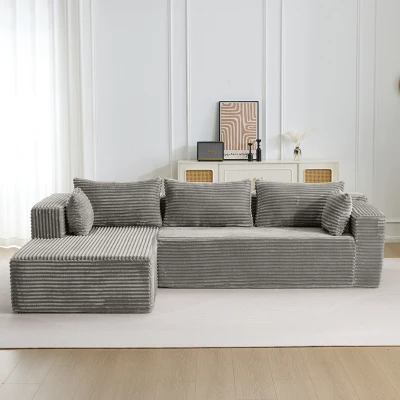 Kompressions-Sofagarnitur mit bequemer Chaiselongue, L-förmiges Sofa ohne Knochen mit tiefem Sitz, minimalistische modulare Sofas zum Schlafen für Wohnzimmer, Schlafzimmer, Apartment, Lounge, Cord, Grau