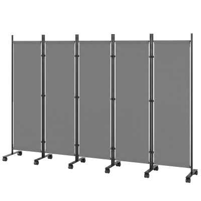 Outsunny Paravent 5 Panneaux 252x40cm Gris Foncé Roulettes Pliable