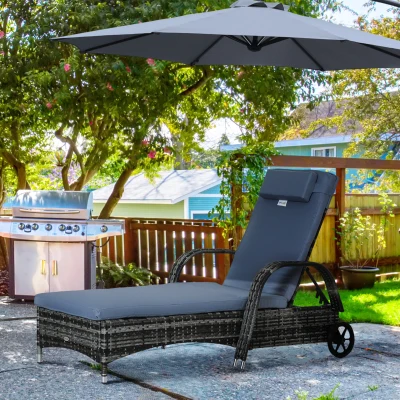 Outsunny Garden Rattan Furniture Single Sun Lounger Recliner Bed Reclining Chair Patio Outdoor Wicker Weave Adjustable Headrest with Fire Retardant Cushion - Grey