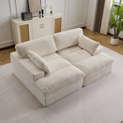 Doppelter Chaiselongue-Sessel für den Innenbereich, übergroße gepolsterte Cloud-Schlafcouch, luxuriöses Schlafsofa mit tiefem Sitz, Sofa-Chaiselongue mit Anbausofa, Lesesessel aus Cord für das Wohnzimmer, kein Zusammenbau erforderlich, weiß