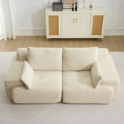 Modernes Sofa aus komprimiertem Memory-Schaumstoff, 2-Sitzer, große Sofagarnitur für das Wohnzimmer, haustierfreundliches modulares Sofagarnitur Cloud, Cordstoff, extra tiefes Sofa, kein Zusammenbau erforderlich, Beige