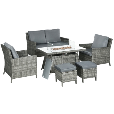 Outsunny 6 Seater Rattan Garden Furniture Set, Gas Fire Pit Table, Wicker Loveseat, 2 Armchairs and 2 Footstools, 6 Piece Patio Rattan furniture Sofa Sets with Cushions for Conservatory, Grey