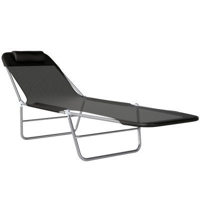 Outsunny Outdoor Foldable Sun Lounger, Garden 6 Level Adjustable Backrest Recliner Sun Lounger Chair with Headrest Pillow, Black