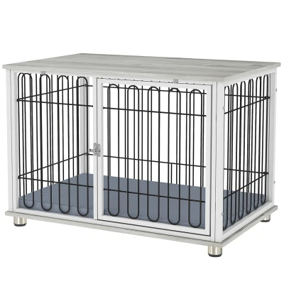PawHut Cage pour chien caisse pour chien avec coussin pieds réglables pour chiens moyens jusqu’à 20 kg 90 x 58 x 62,5 cm gris
