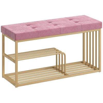 HOMCOM Tufted Shoe Storage Bench Velvet Seat Gold Frame Pink
