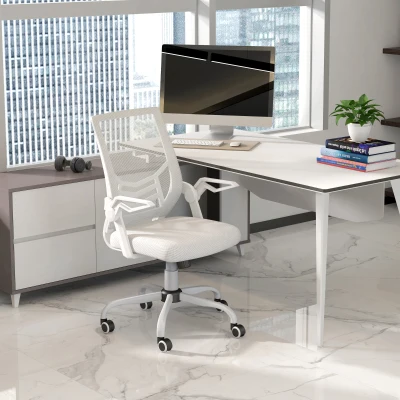 Vinsetto Mesh Office Chair, Computer Desk Chair with Flip-up Armrests, Lumbar Back Support and Swivel Wheels, White