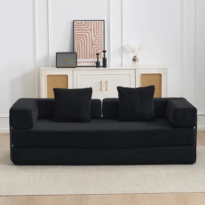 Bodencouch, Kompressionssofa, umwandelbares Bodenschlafsofa mit Kissen-Rückenlehne, bequemes Futon-Couch-Lounge-Schlafsofa, Cordstoff, für Wohnzimmer, Schlafzimmer (Schwarz)