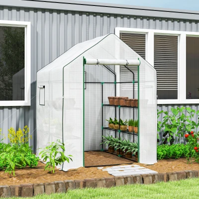 Outsunny Invernadero de Exterior con 6 Estantes Puerta Enrollable Cubierta de PE y Marco de Acero 140x143x190 cm Blanco