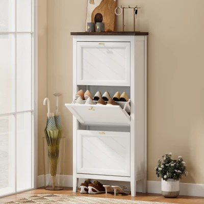 HOMCOM Shoe Cabinet 3 Flip Drawers Adjustable Shelves White