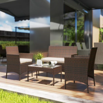 Outsunny Conjunto de Jardim em Vime com Almofadas Móveis de Exterior com 2 Poltronas Sofá de 2 Lugares Mesa com Vidro Marrom e Bege