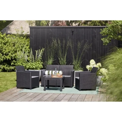 Salon de jardin en résine imitation rotin tressé - Noir - Avec table basse - KETER - 4 personnes - MARIE