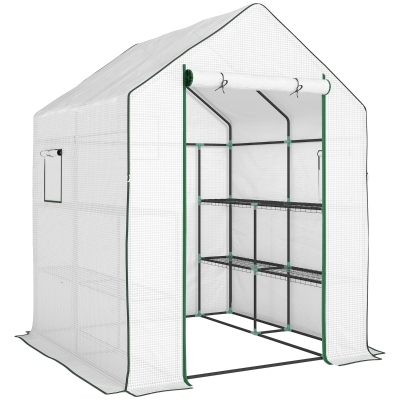 Outsunny Estufa de Jardim Pequena de 3 Níveis com 6 Prateleiras Porta Enrolável e Capa de PE 140x143x190 cm Branco
